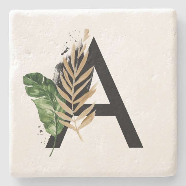 Tropical Leaves Faux Gold Foil Letter A Monogram Stone Coaster (Front)