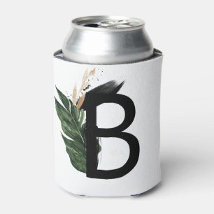 Tropical Leaves Faux Gold Foil Letter B Monogram Can Cooler