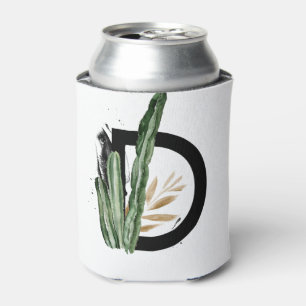 Tropical Leaves Faux Gold Foil Letter D Monogram Can Cooler