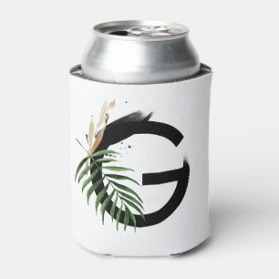 Tropical Leaves Faux Gold Foil Letter G Monogram Can Cooler