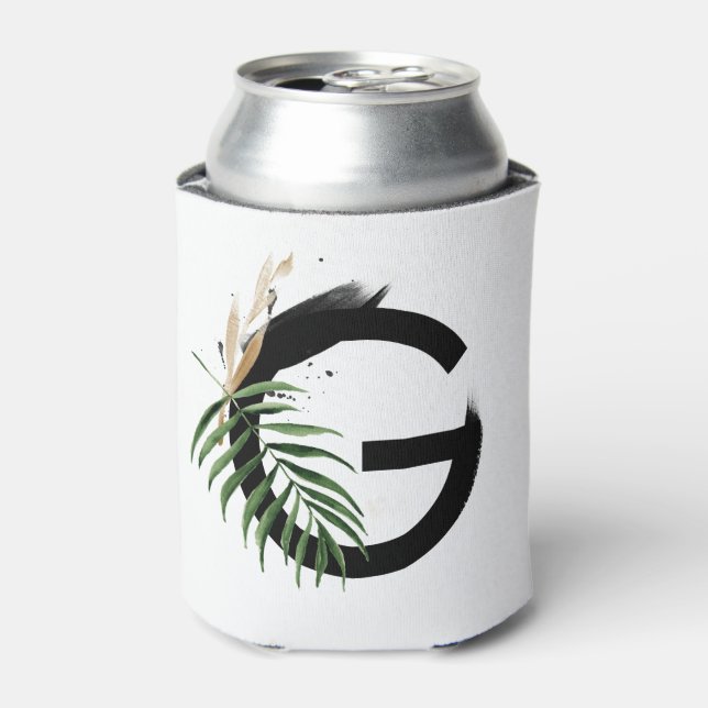 Tropical Leaves Faux Gold Foil Letter G Monogram Can Cooler (Can Front)