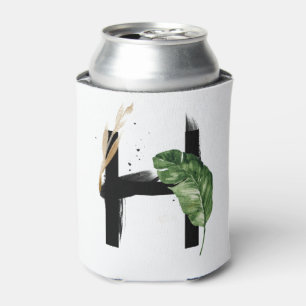 Tropical Leaves Faux Gold Foil Letter H Monogram Can Cooler