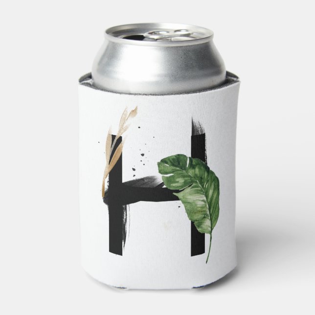 Tropical Leaves Faux Gold Foil Letter H Monogram Can Cooler (Can Front)