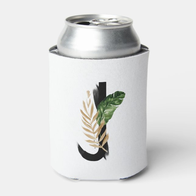 Tropical Leaves Faux Gold Foil Letter J Monogram Can Cooler (Can Front)