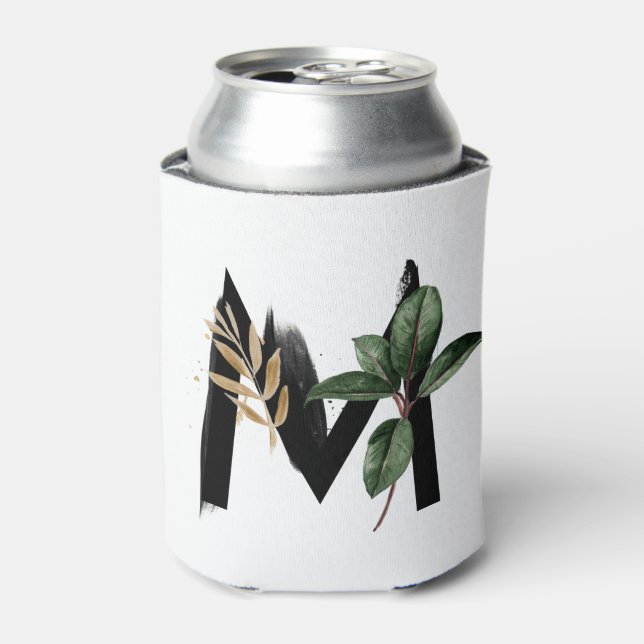 Tropical Leaves Faux Gold Foil Letter M Monogram Can Cooler (Can Front)
