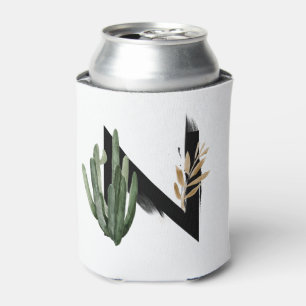 Tropical Leaves Faux Gold Foil Letter N Monogram Can Cooler