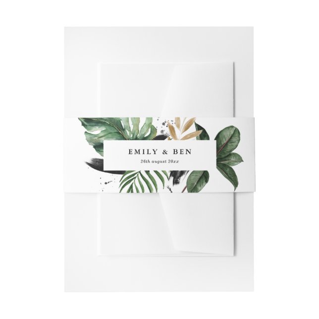 Tropical Leaves Faux Gold Foil Wedding Invitation Belly Band (Front Example)