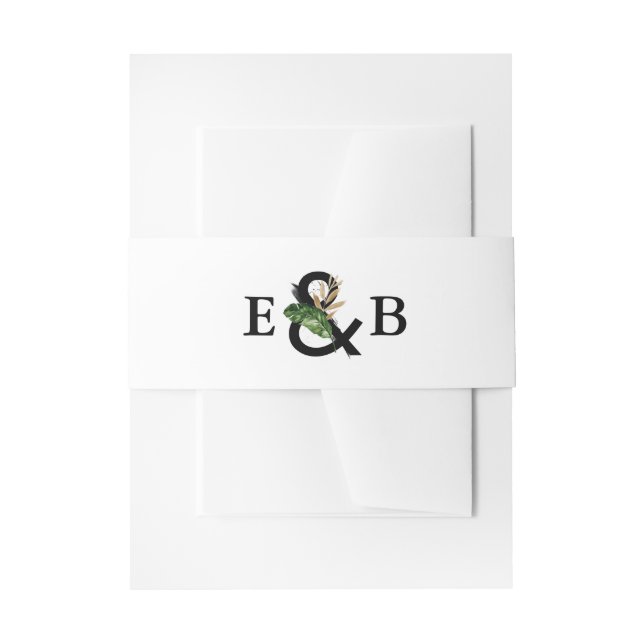 Tropical Leaves Faux Gold Foil Wedding Monogram Invitation Belly Band (Front Example)