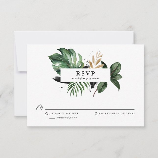 Tropical Leaves Faux Gold Foil Wedding RSVP (Front)