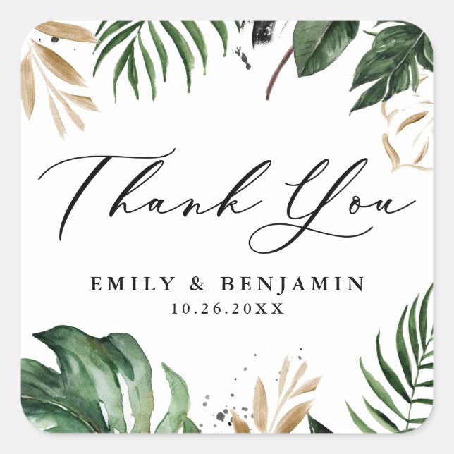 Tropical Leaves Faux Gold Foil Wedding Thank You Square Sticker (Front)