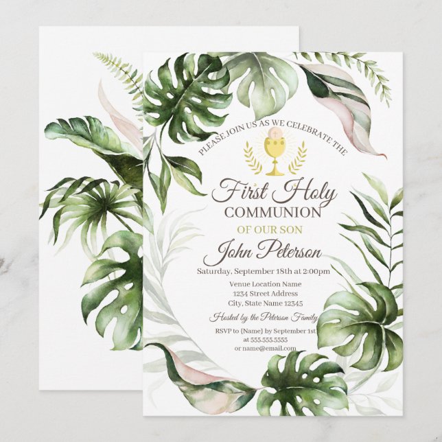 Tropical Leaves First Holy Communion  Invitation (Front/Back)