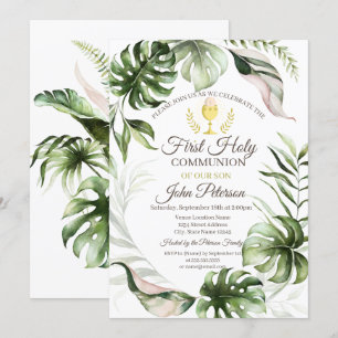 Tropical Leaves First Holy Communion Invitation