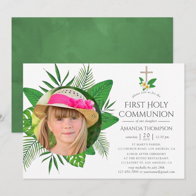 Tropical Leaves First Holy Communion Invitation (Front/Back)