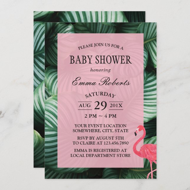 Tropical Leaves Flamingo Baby Shower Invitation (Front/Back)