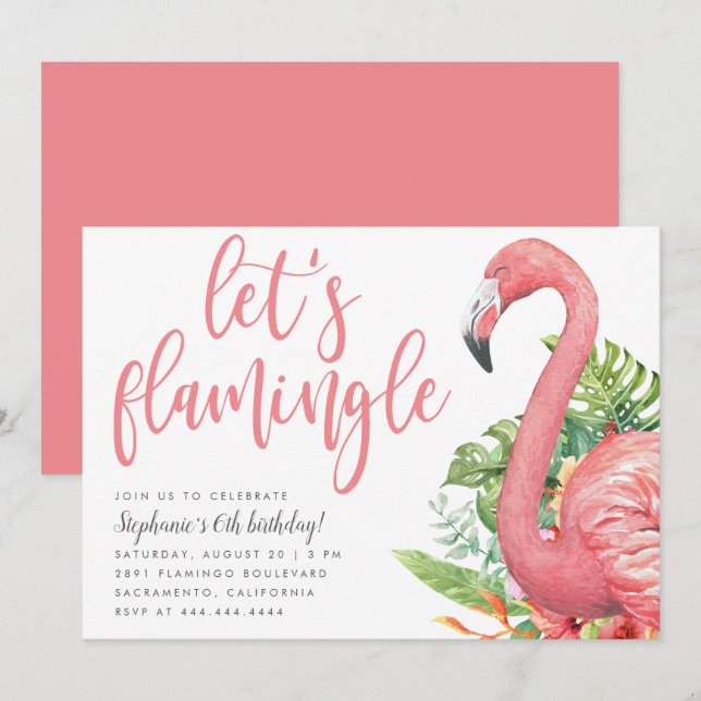 Tropical Leaves Flamingo Let's Flamingle Birthday Invitation (Front/Back)
