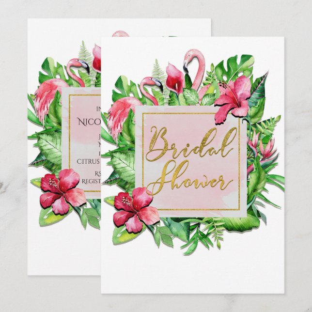 Tropical Leaves Flamingos Bridal Shower Invitation (Front/Back)