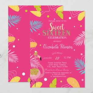 Tropical Leaves Flamingos Pink Sweet 16 Invitation