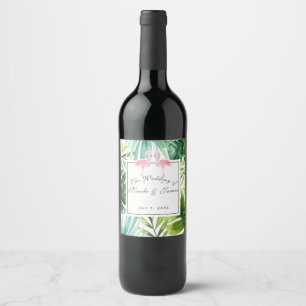 Tropical Leaves & Flamingos Summer Wedding Wine Label