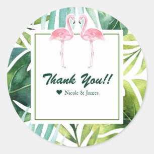 Tropical Leaves & Flamingos Wedding Favour Chic Classic Round Sticker
