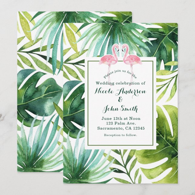 Tropical Leaves & Flamingos Wedding Invitations (Front/Back)