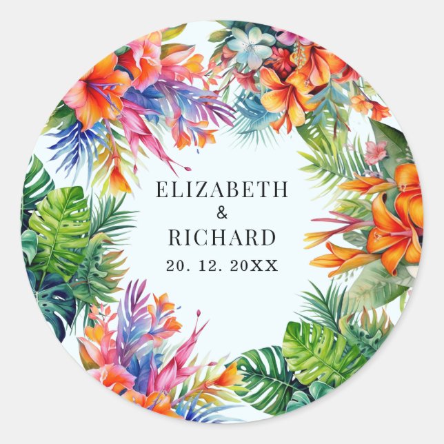 Tropical Leaves Floral Beach Wedding Classic Round Sticker (Front)