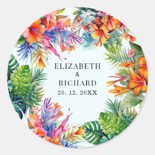 Tropical Leaves Floral Beach Wedding Classic Round Sticker
