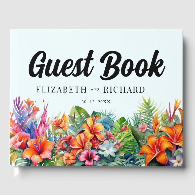 Tropical Leaves Floral Beach Wedding Guest Book (Front)