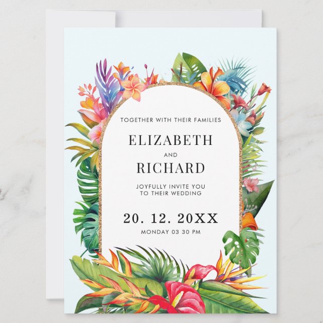 Tropical Leaves Floral Beach Wedding Invitation (Front)