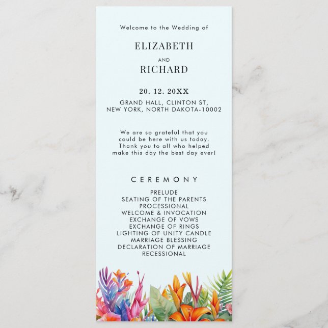 Tropical Leaves Floral Beach Wedding Programme (Front)