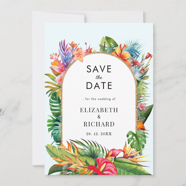 Tropical Leaves Floral Beach Wedding Save The Date (Front)