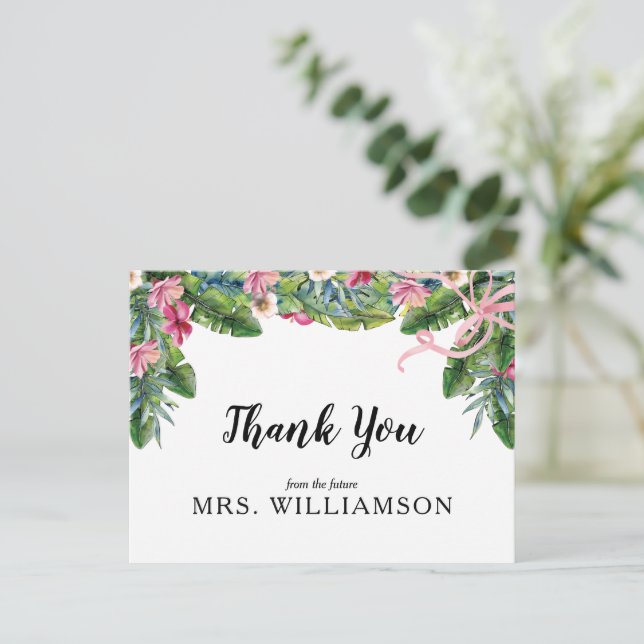 Tropical Leaves Floral Bridal Shower Thank You Postcard (Standing Front)