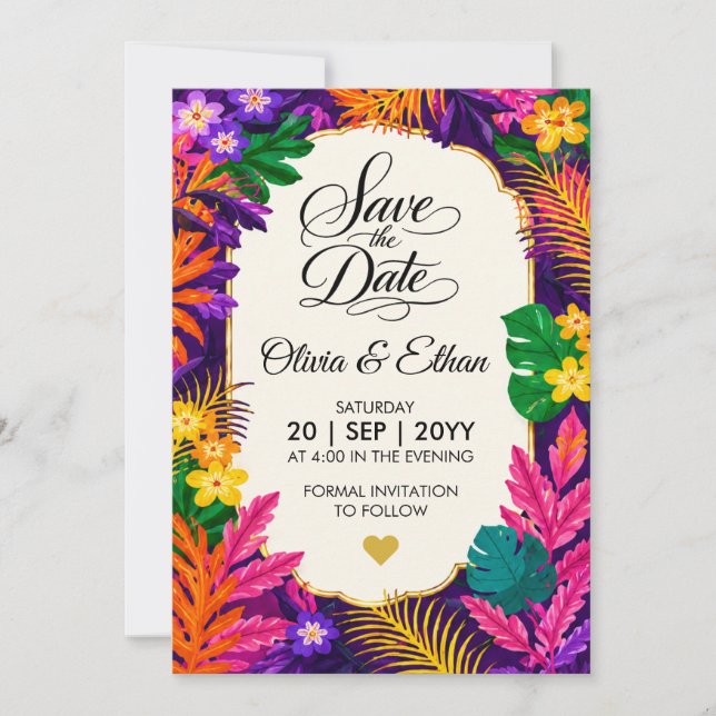 Tropical Leaves Floral Design  Save The Date (Front)