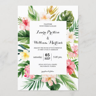 Tropical Leaves & Floral Geometric Frame Wedding Invitation