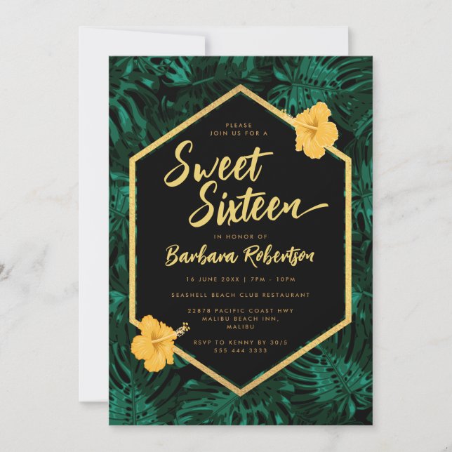 Tropical Leaves Floral Green Gold Sweet Sixteen Invitation (Front)