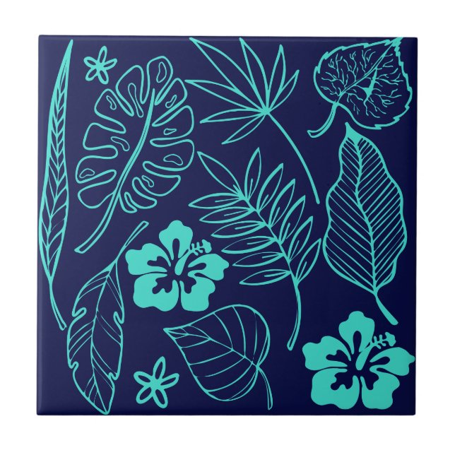 Tropical Leaves Floral Navy Turquoise Tile (Front)
