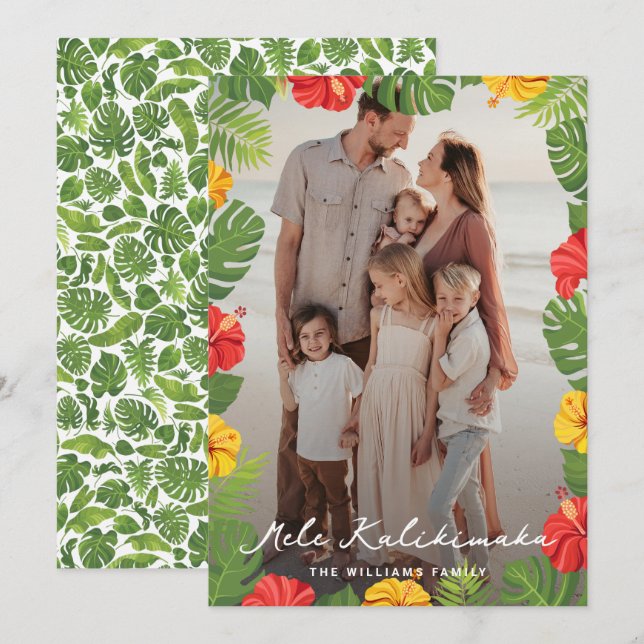 Tropical Leaves Floral Photo Mele Kalikimaka Holiday Card (Front/Back)