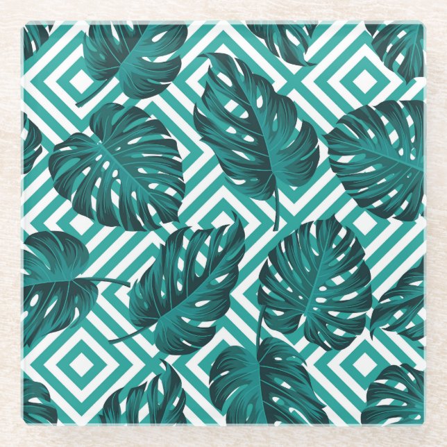Tropical Leaves: Floral Seamless Pattern. Glass Coaster (Front)