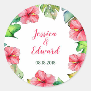 Tropical Leaves Floral Watercolor Wedding Classic Round Sticker