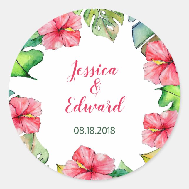 Tropical Leaves Floral Watercolor Wedding Classic Round Sticker (Front)