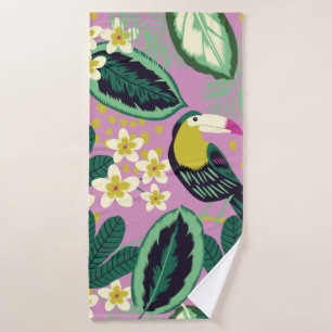 Tropical leaves,flowers and toucan bird seamless p bath towel