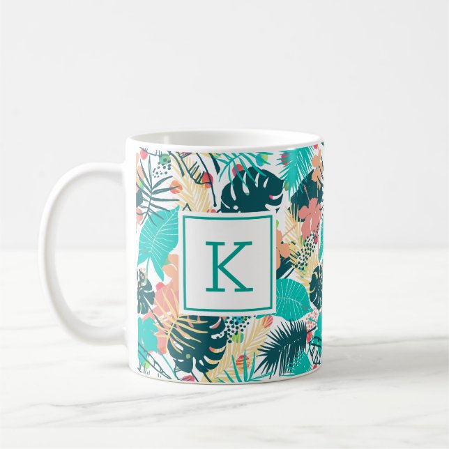 Tropical leaves & flowers collage pattern coffee mug (Left)