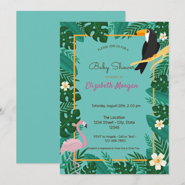Tropical Leaves,Flowers, Flamingo Baby Shower Invitation (Front/Back)