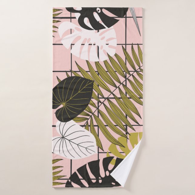Tropical leaves, flowers, hand-painted pattern. bath towel (Bath Towel)