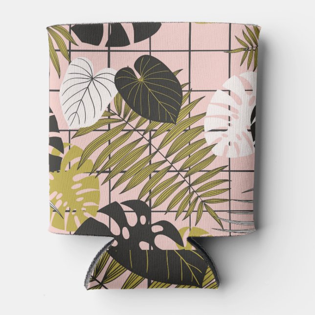 Tropical leaves, flowers, hand-painted pattern. can cooler (Front)