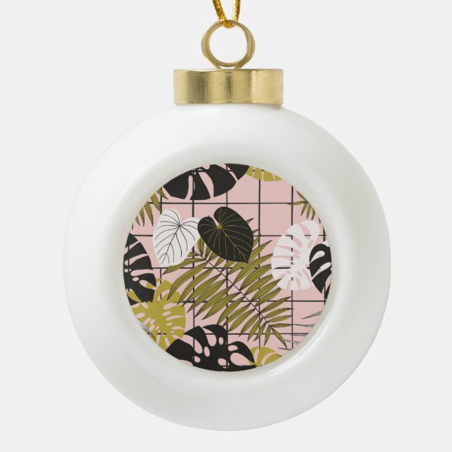 Tropical leaves, flowers, hand-painted pattern. ceramic ball christmas ornament (Front)