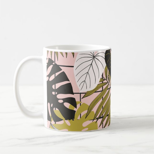 Tropical leaves, flowers, hand-painted pattern. coffee mug (Left)