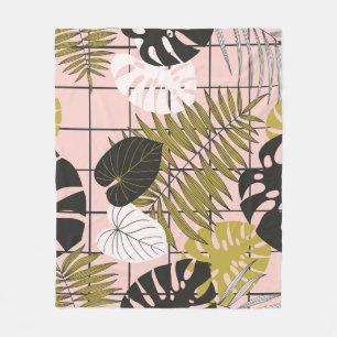 Tropical leaves, flowers, hand-painted pattern. fleece blanket