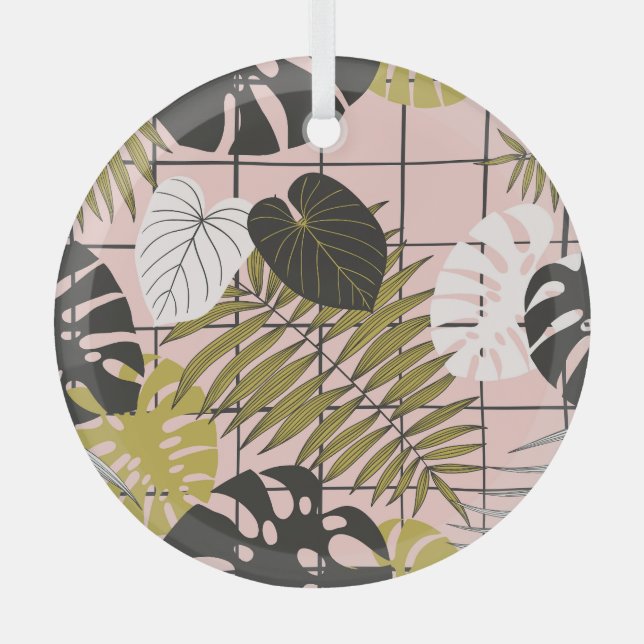 Tropical leaves, flowers, hand-painted pattern. glass tree decoration (Front)