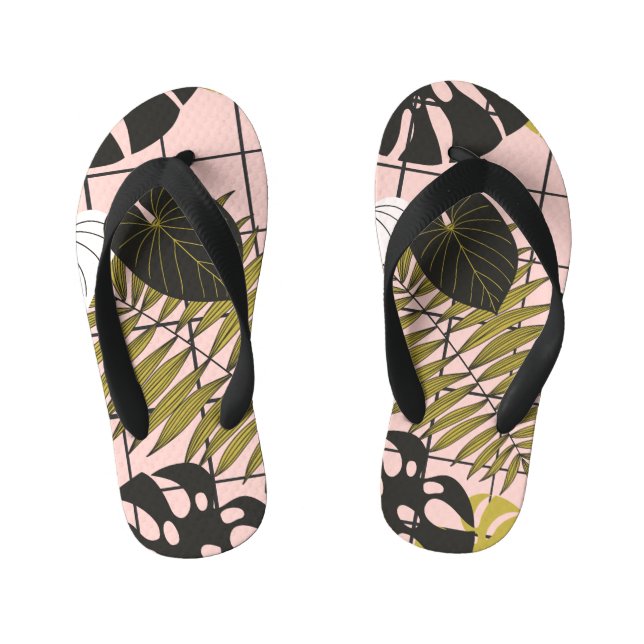 Tropical leaves, flowers, hand-painted pattern. kid's flip flops (Footbed)