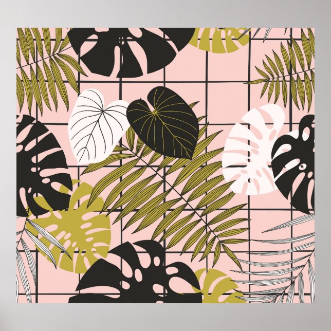 Tropical leaves, flowers, hand-painted pattern. poster (Front)